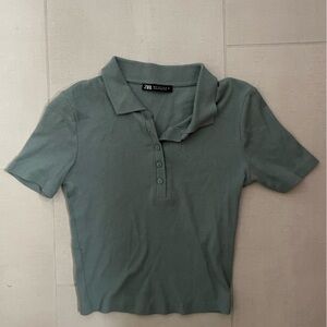 Zara, fitted button collar tee, bluish green, size small